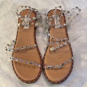 Steve Madden Clear Vinyl Cushioned Ankle Strap Studded Sandals